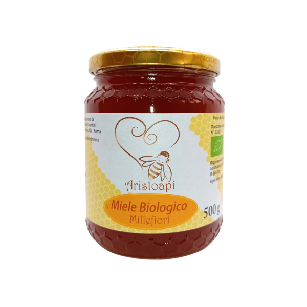 Vasetto di Miele Millefiori Biologico 500g Aristoapi – Etichetta fronte – Prodotto artigianale