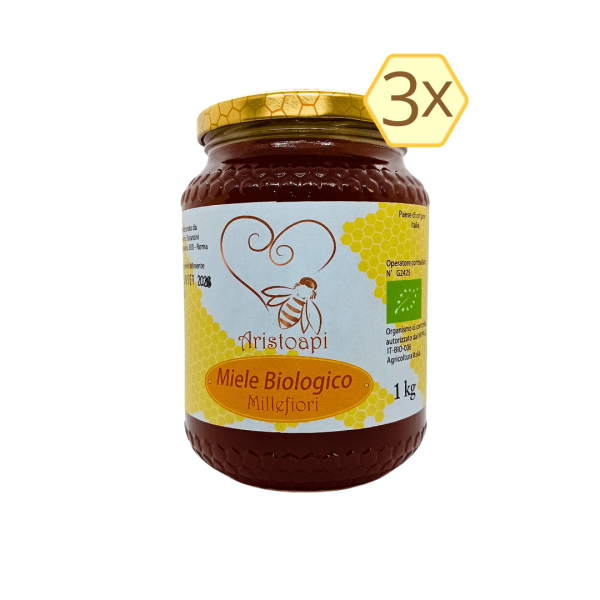 Vasetto di Miele Millefiori Biologico Aristoapi da 1 kg con etichetta “3x” – Confezione risparmio