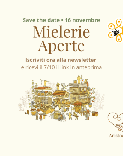 Locandina evento Mielerie Aperte 2025 da Aristoapi con illustrazione miele e invito a visitale la mieleria a Roma