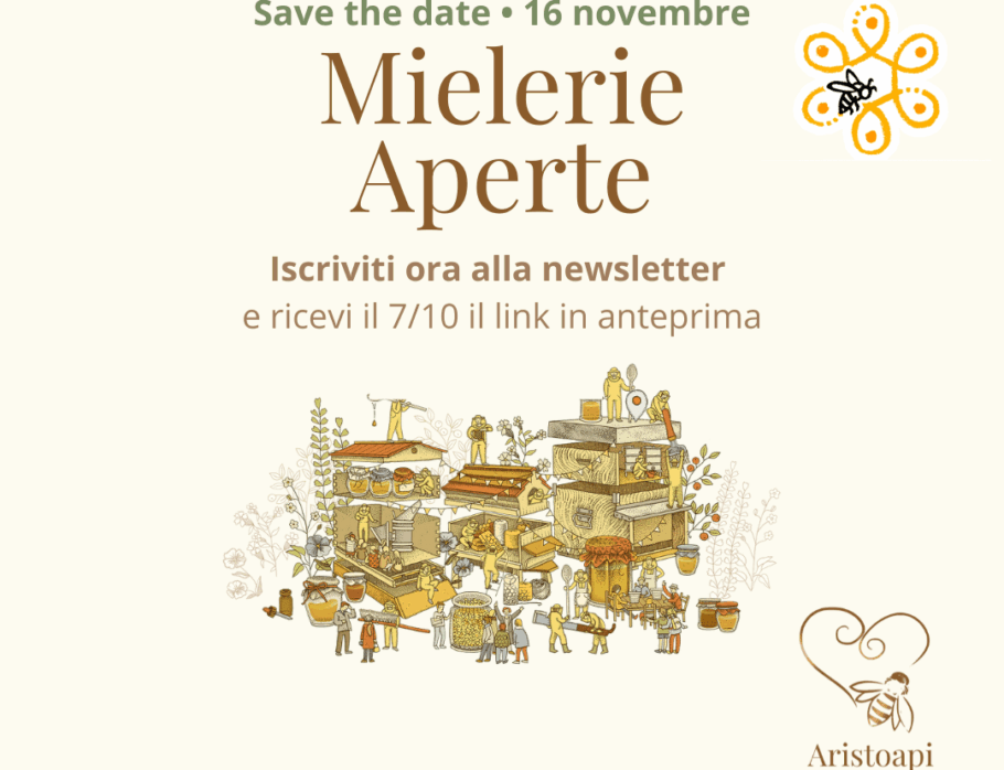 Locandina evento Mielerie Aperte 2025 da Aristoapi con illustrazione miele e invito a visitale la mieleria a Roma