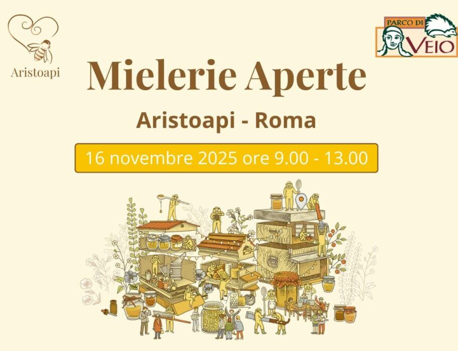 Locandina ufficiale Mielerie Aperte a Roma 2025 Aristoapi – evento gratuito nel Parco di Veio con visite guidate, degustazioni e laboratori tra api, miele e natura.