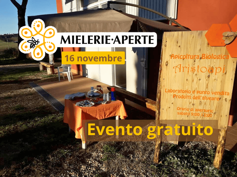 Ingresso della mieleria Aristoapi a Roma Nord con allestimento per l’evento Mielerie Aperte del 16 novembre, evento gratuito con degustazioni di miele.