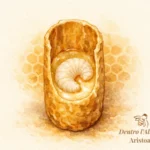 Illustrazione esempio di celle reali delle api, visuale aperta con larva e pappa reale