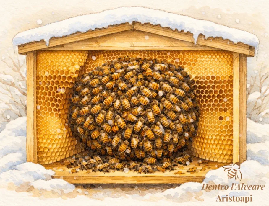 Glomere api in inverno - formazione a palla di api per sopravvivere al freddo nell'alveare