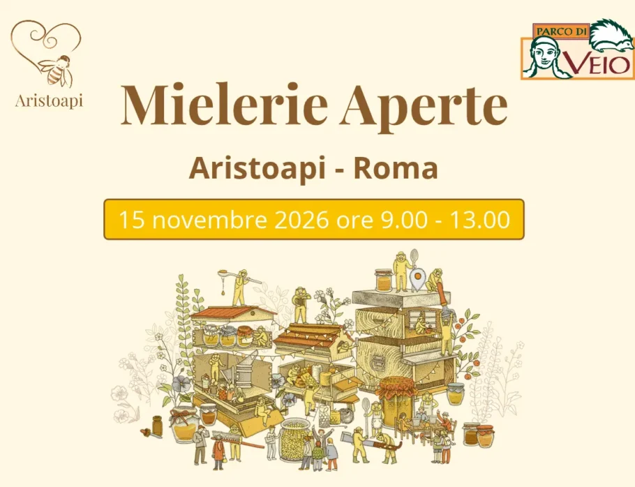 Locandina ufficiale Mielerie Aperte a Roma 2026 Aristoapi – evento gratuito nel Parco di Veio con visite guidate, degustazioni e laboratori tra api, miele e natura.