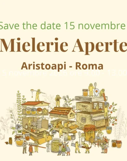 Locandina evento Mielerie Aperte 2026 da Aristoapi con illustrazione miele e invito a visitale la mieleria a Roma