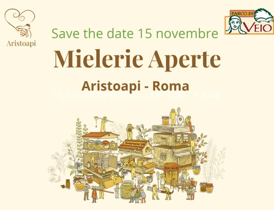 Locandina evento Mielerie Aperte 2026 da Aristoapi con illustrazione miele e invito a visitale la mieleria a Roma